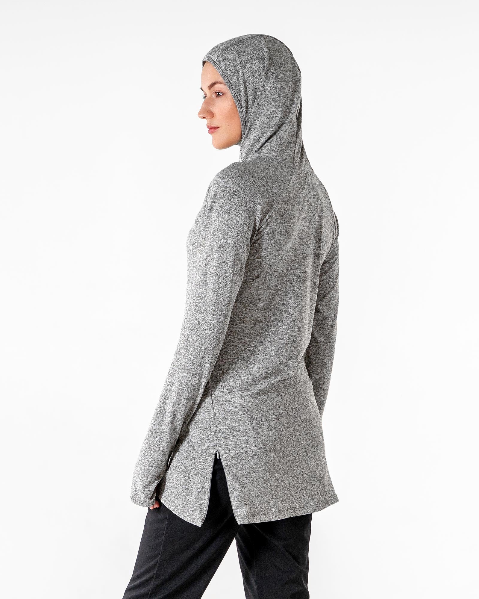 Halo Running Hoodie in heathered grey by Veil Garments. Modest activewear collection.