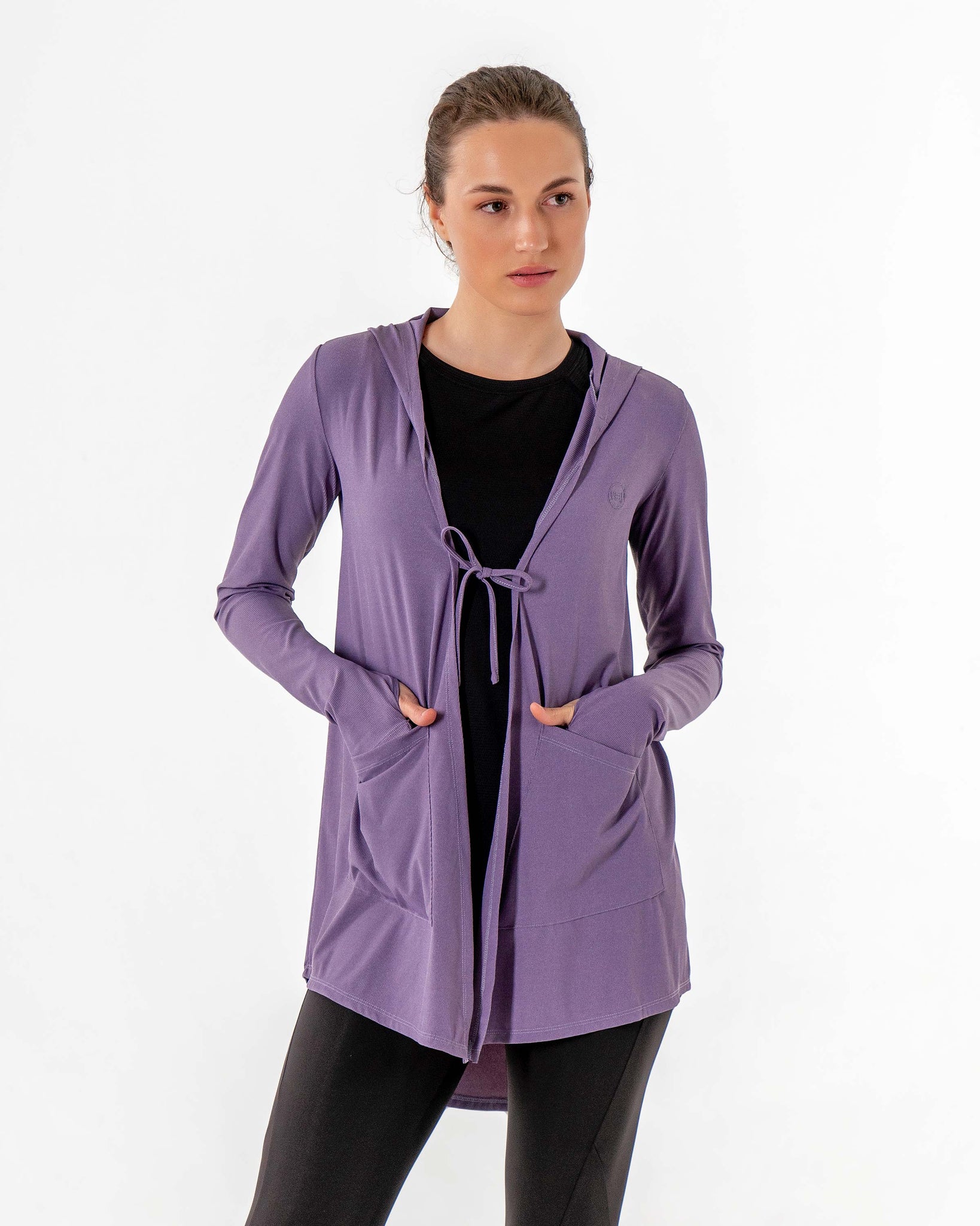 Move It Cardigan in lavender by Veil Garments. Modest activewear collection.