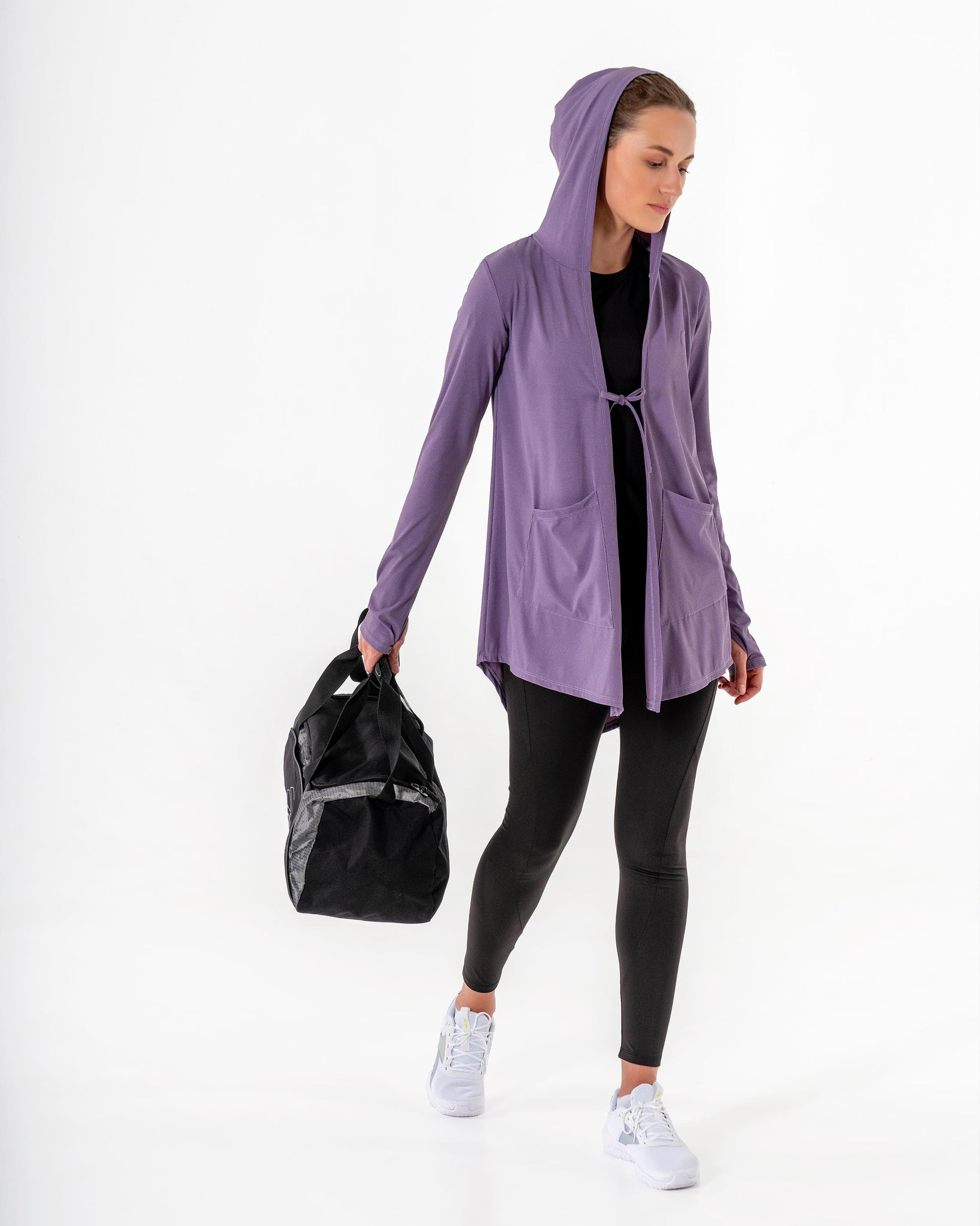 Move It Cardigan in lavender by Veil Garments. Modest activewear collection.