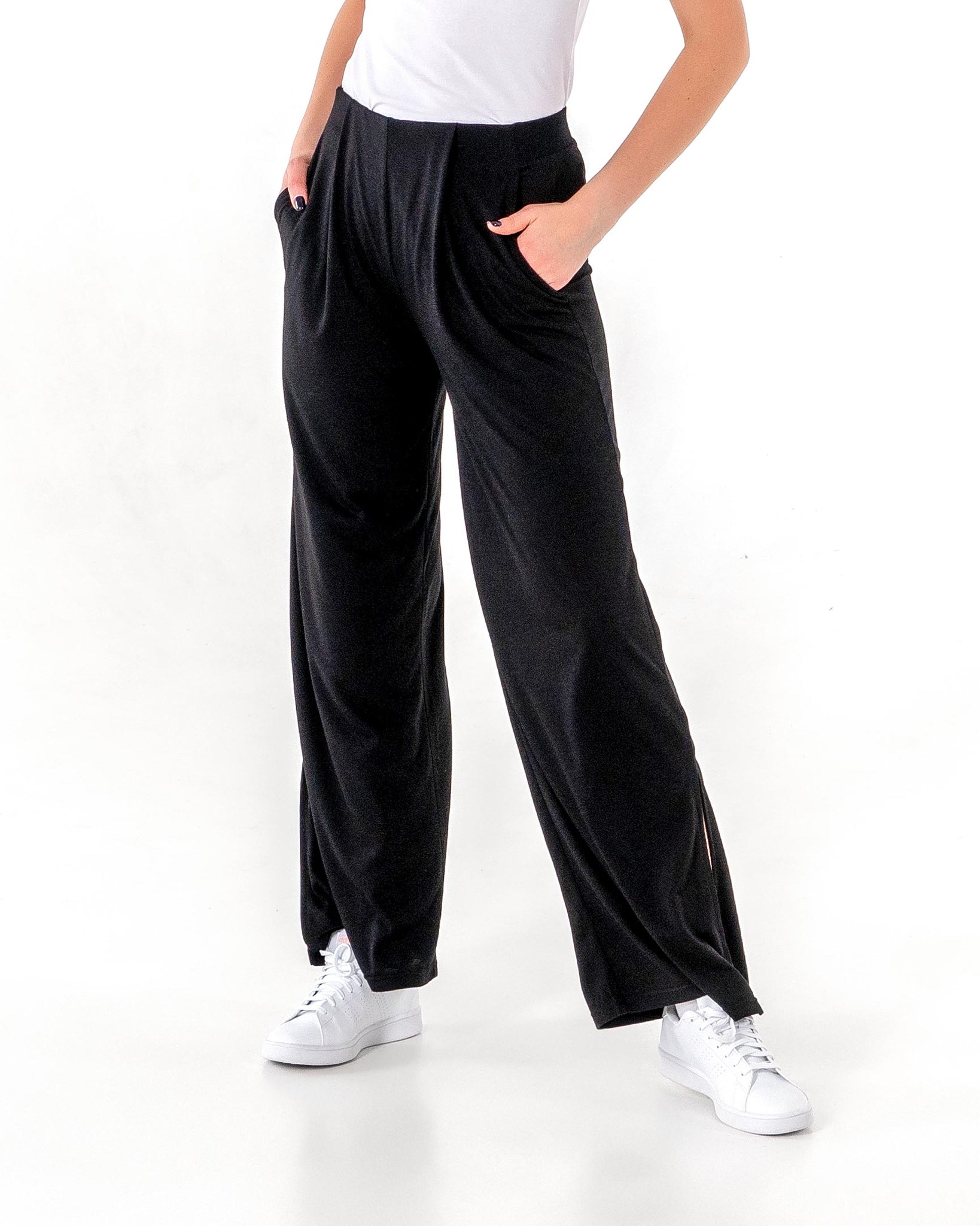 Swift Wide-Leg Sweatpant in black by Veil Garments. Modest activewear collection.