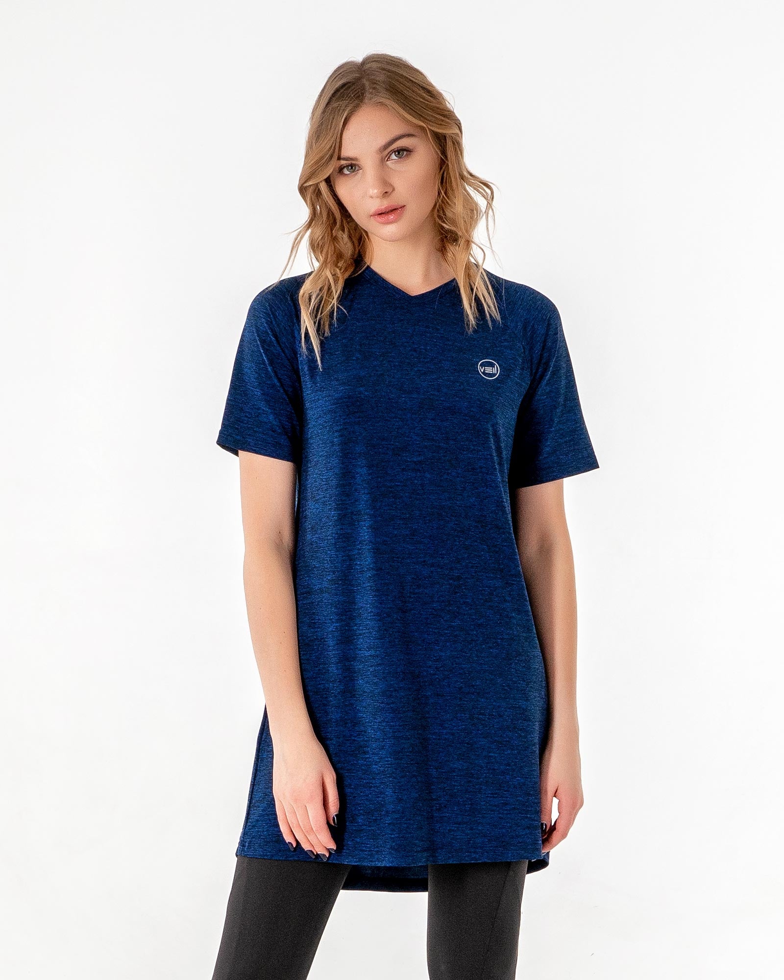 Connect T-Shirt Dress in Blue by Veil Garments. Modest activewear collection.

#color_blue-black