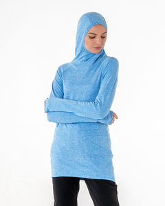 Halo Running Hoodie in heathered blue by Veil Garments. Modest activewear collection.

#color_heathered-blue