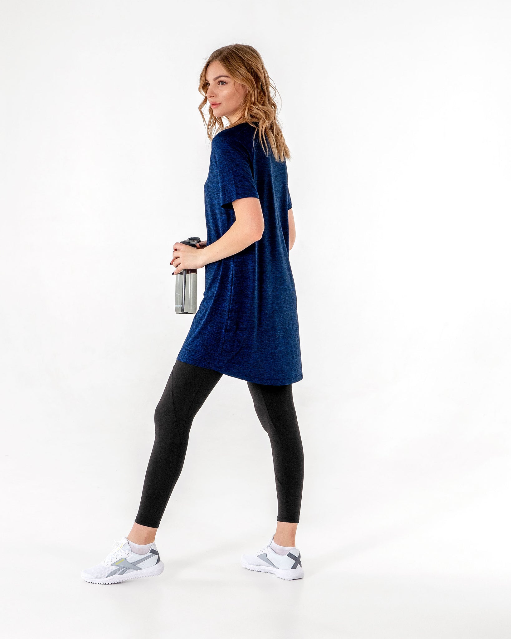 Connect T-Shirt Dress in Blue by Veil Garments. Modest activewear collection.