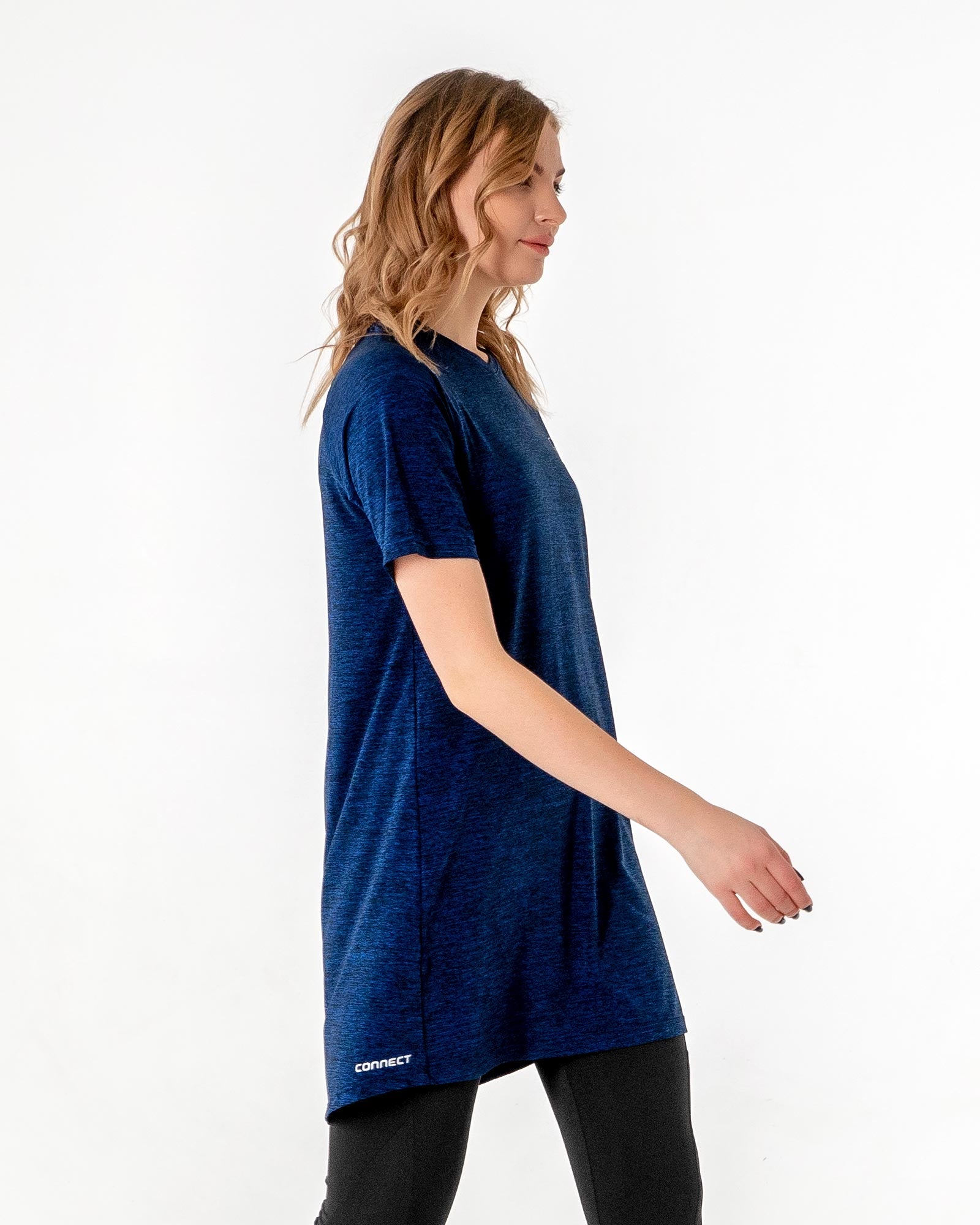 Connect T-Shirt Dress in Blue by Veil Garments. Modest activewear collection.
