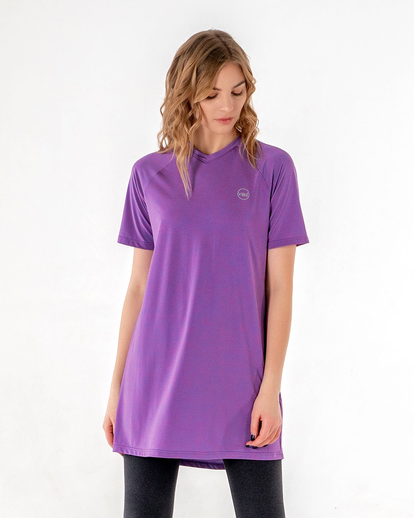 Connect T-Shirt Dress in Pink by Veil Garments. Modest activewear collection.