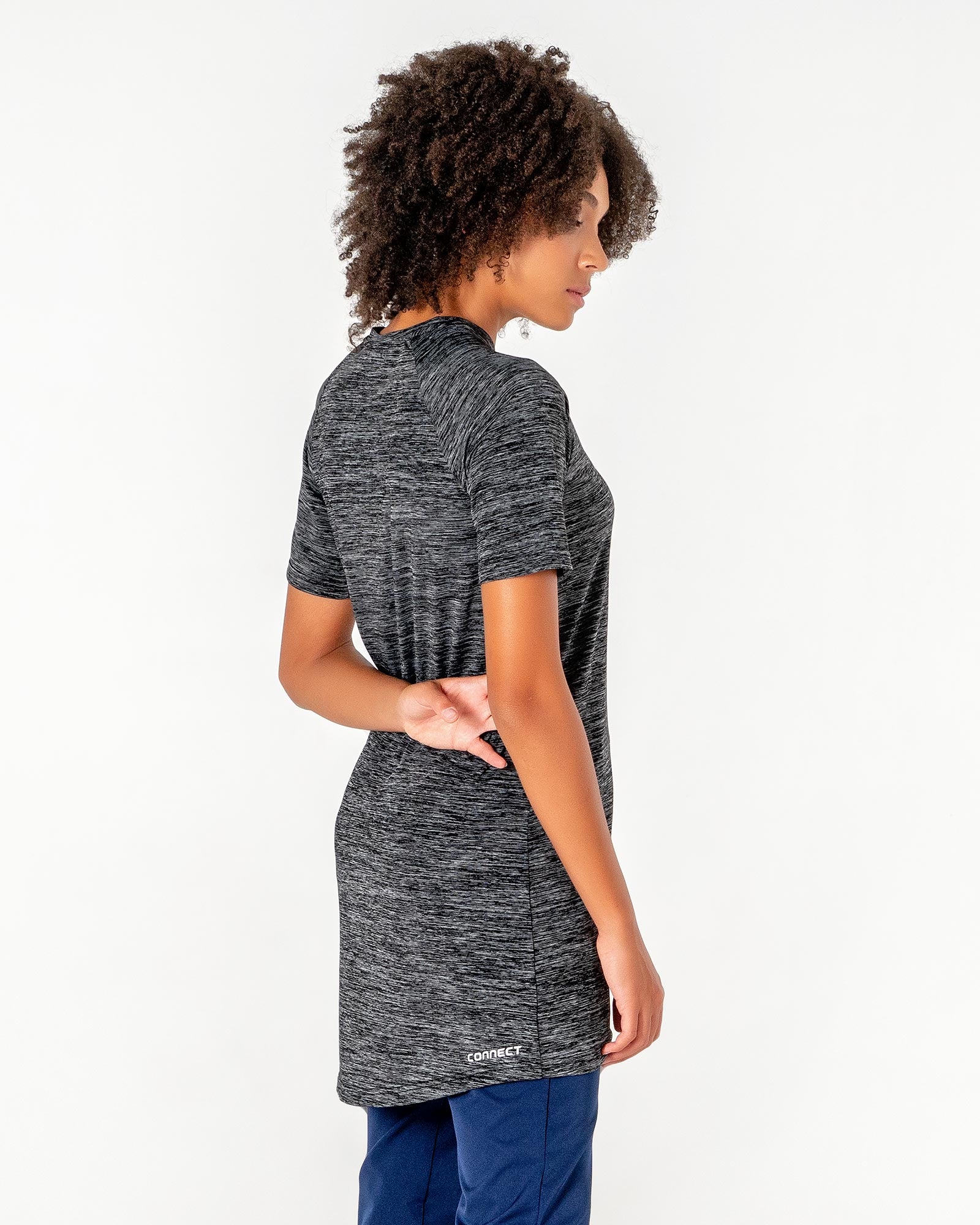 Connect T-Shirt Dress in Black by Veil Garments. Modest activewear collection.