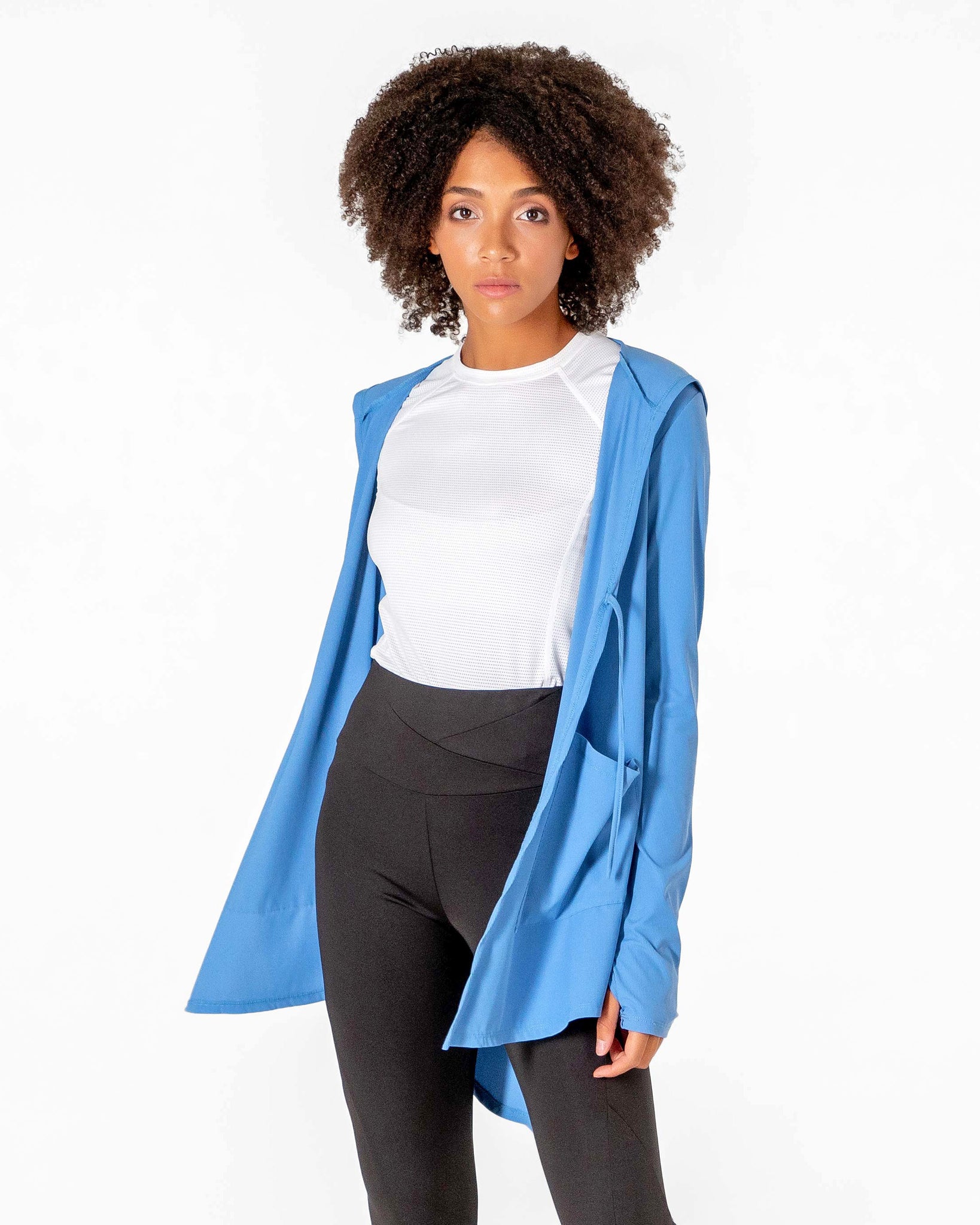 Move It Cardigan in light blue by Veil Garments. Modest activewear collection.