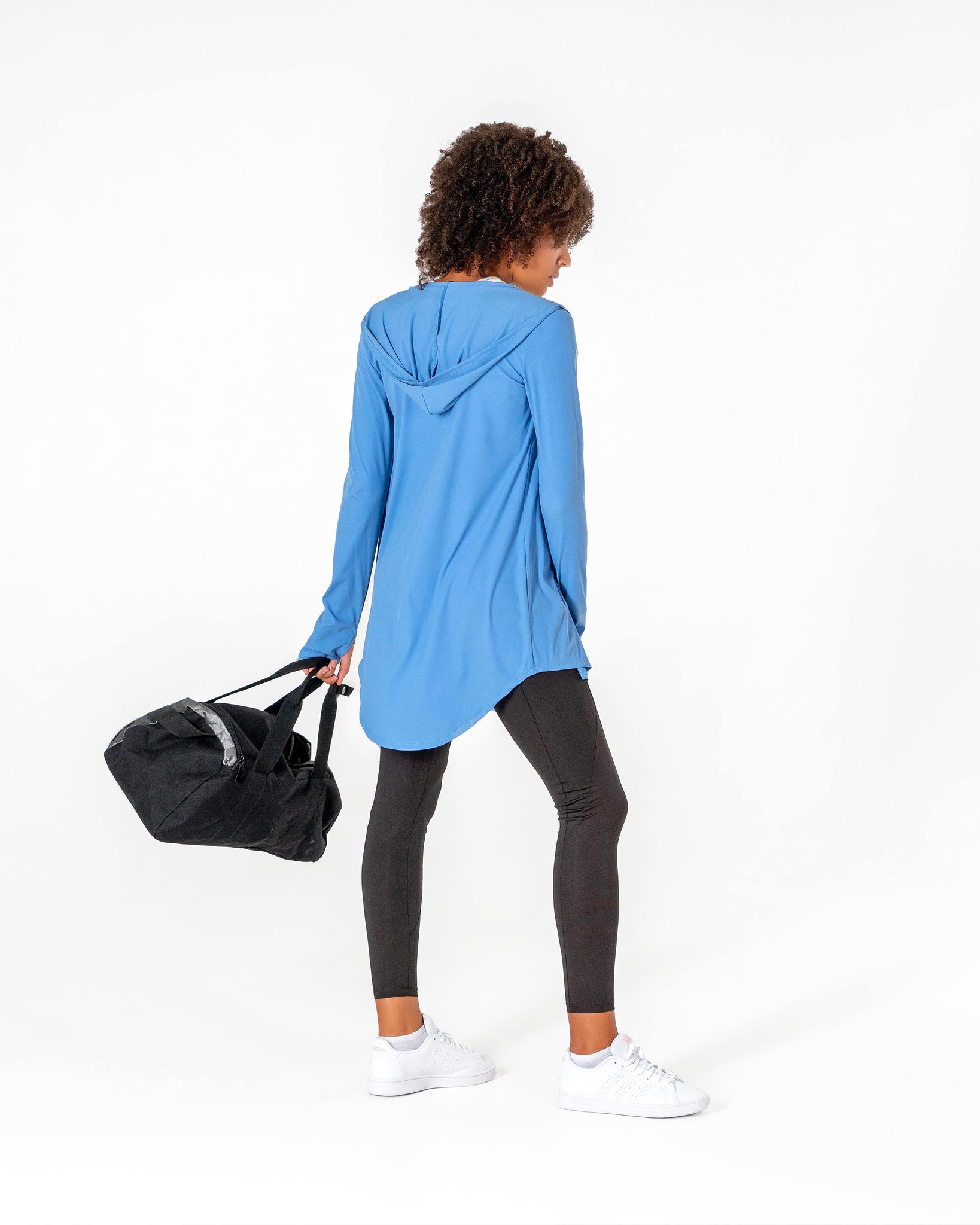 Move It Cardigan in light blue by Veil Garments. Modest activewear collection.