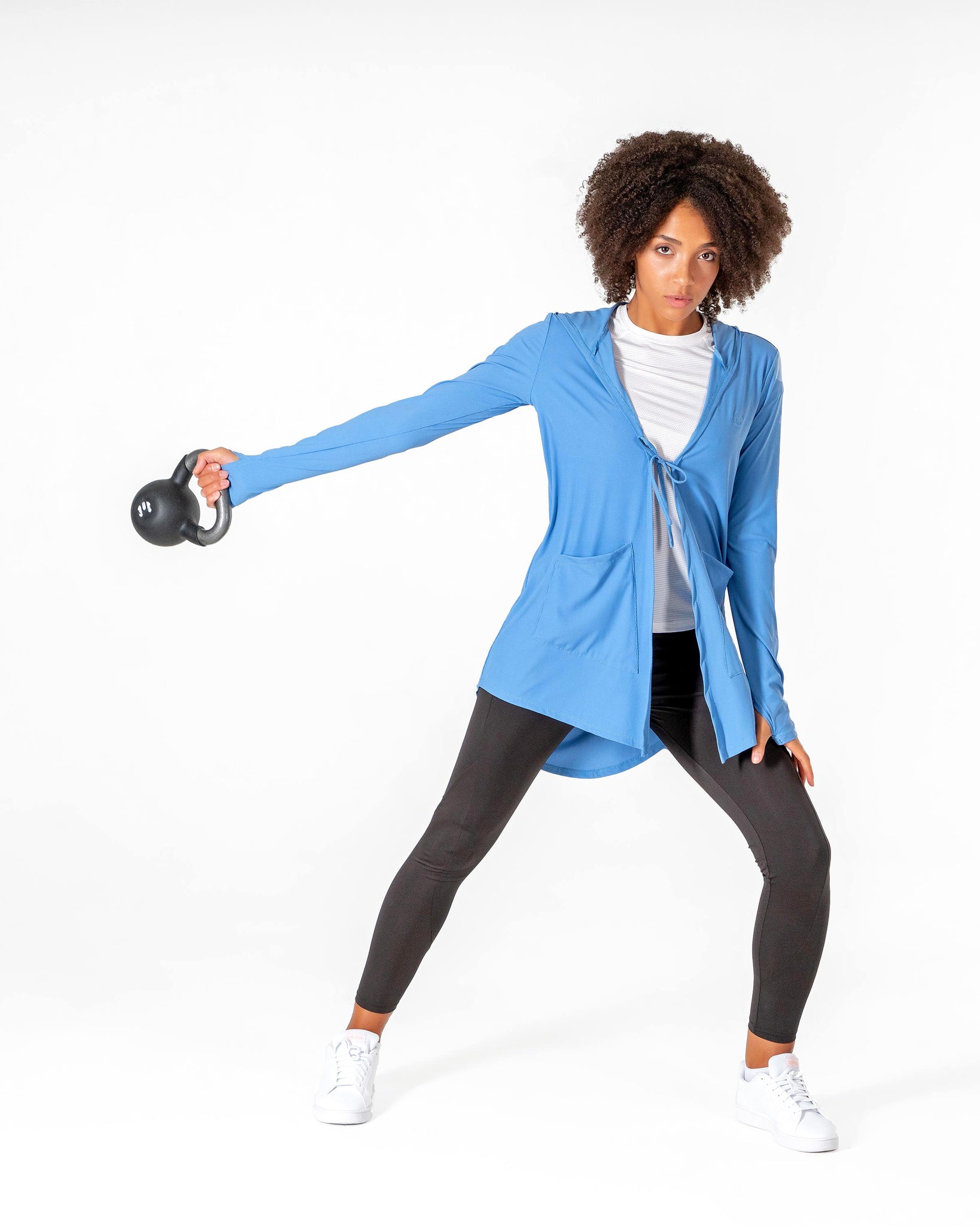 Move It Cardigan in light blue by Veil Garments. Modest activewear collection.