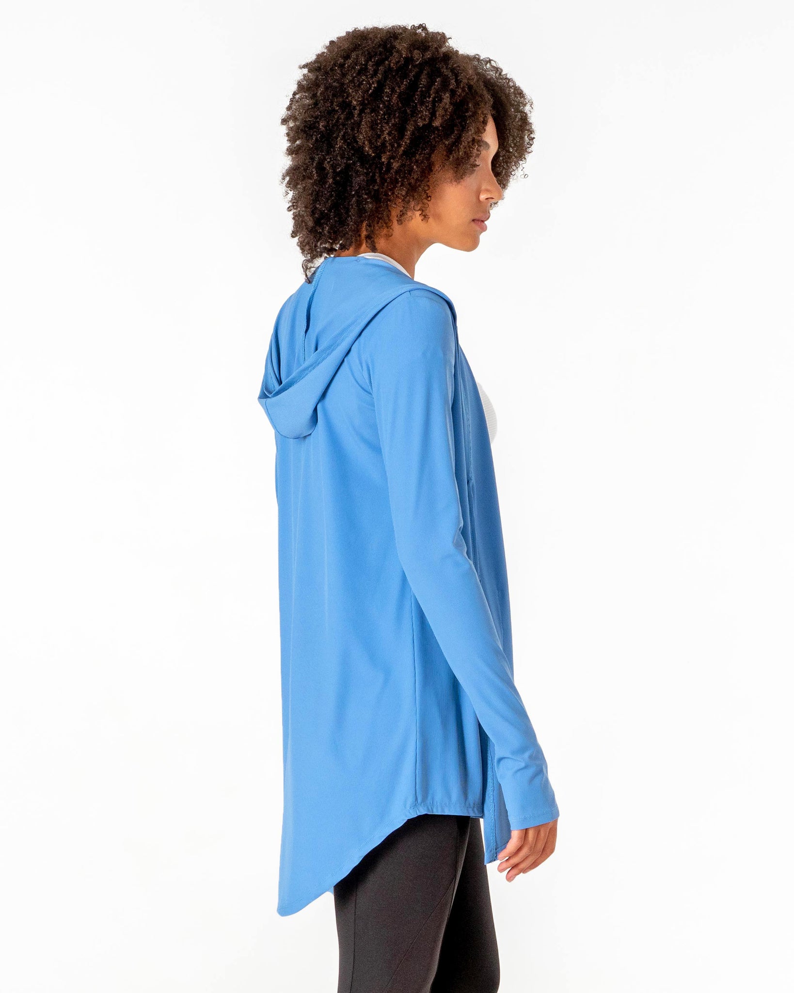 Move It Cardigan in light blue by Veil Garments. Modest activewear collection.