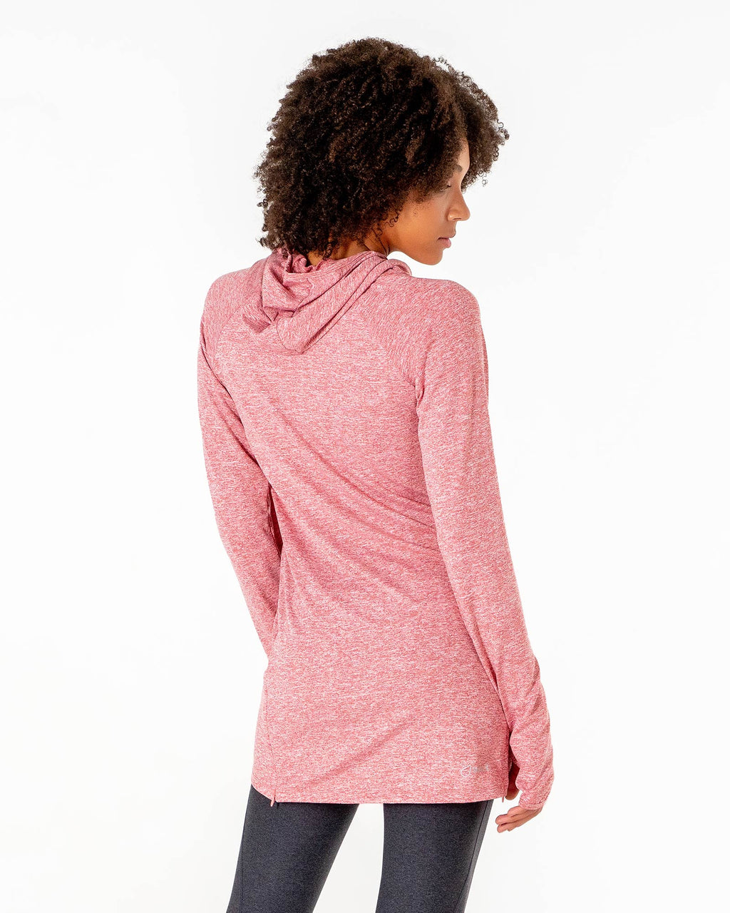 Back of the heathered red Halo Running Hoodie with the hood down and gathered at the shoulders.

#color_heathered-red