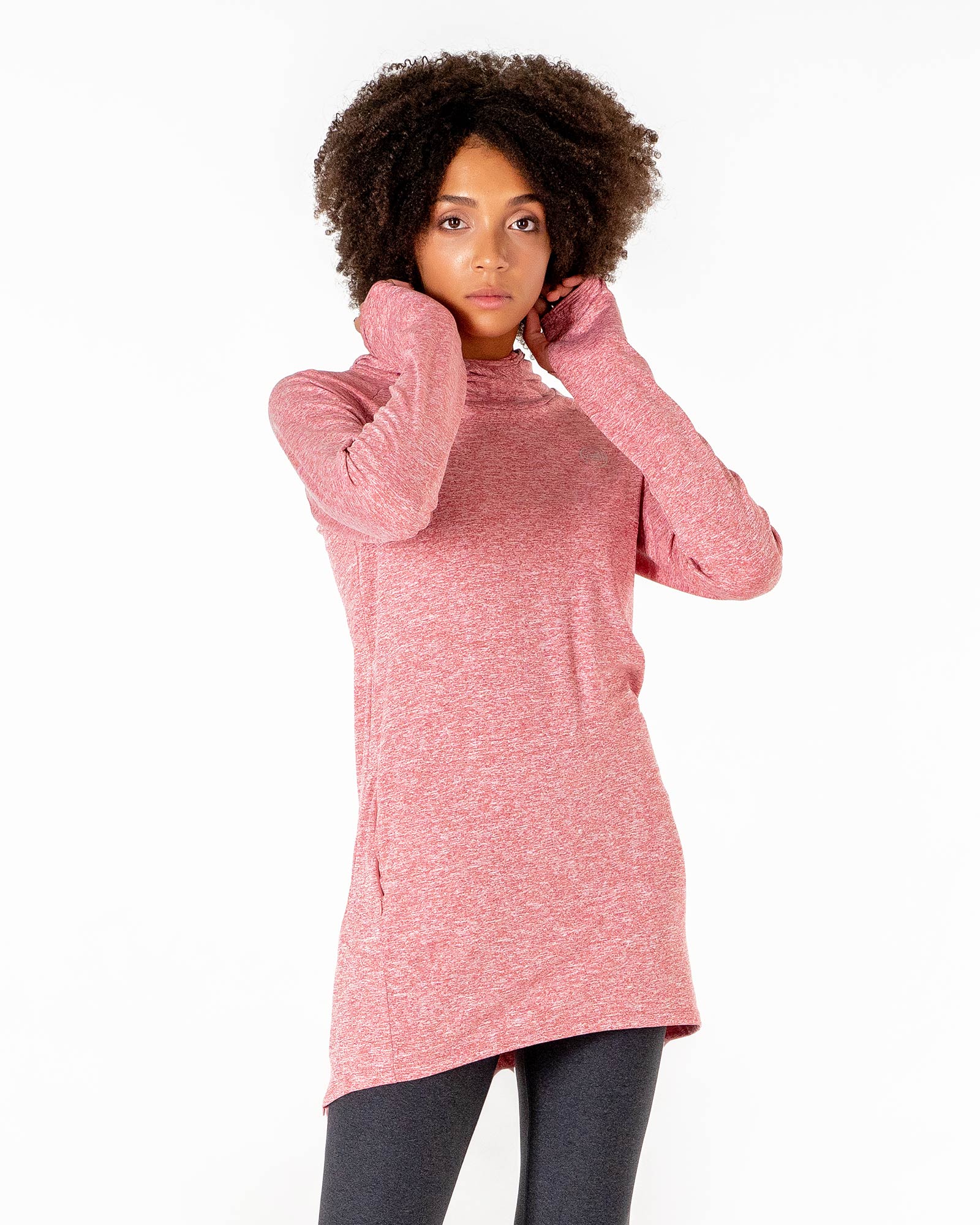 Halo Running Hoodie in heathered red by Veil Garments. Modest activewear collection.