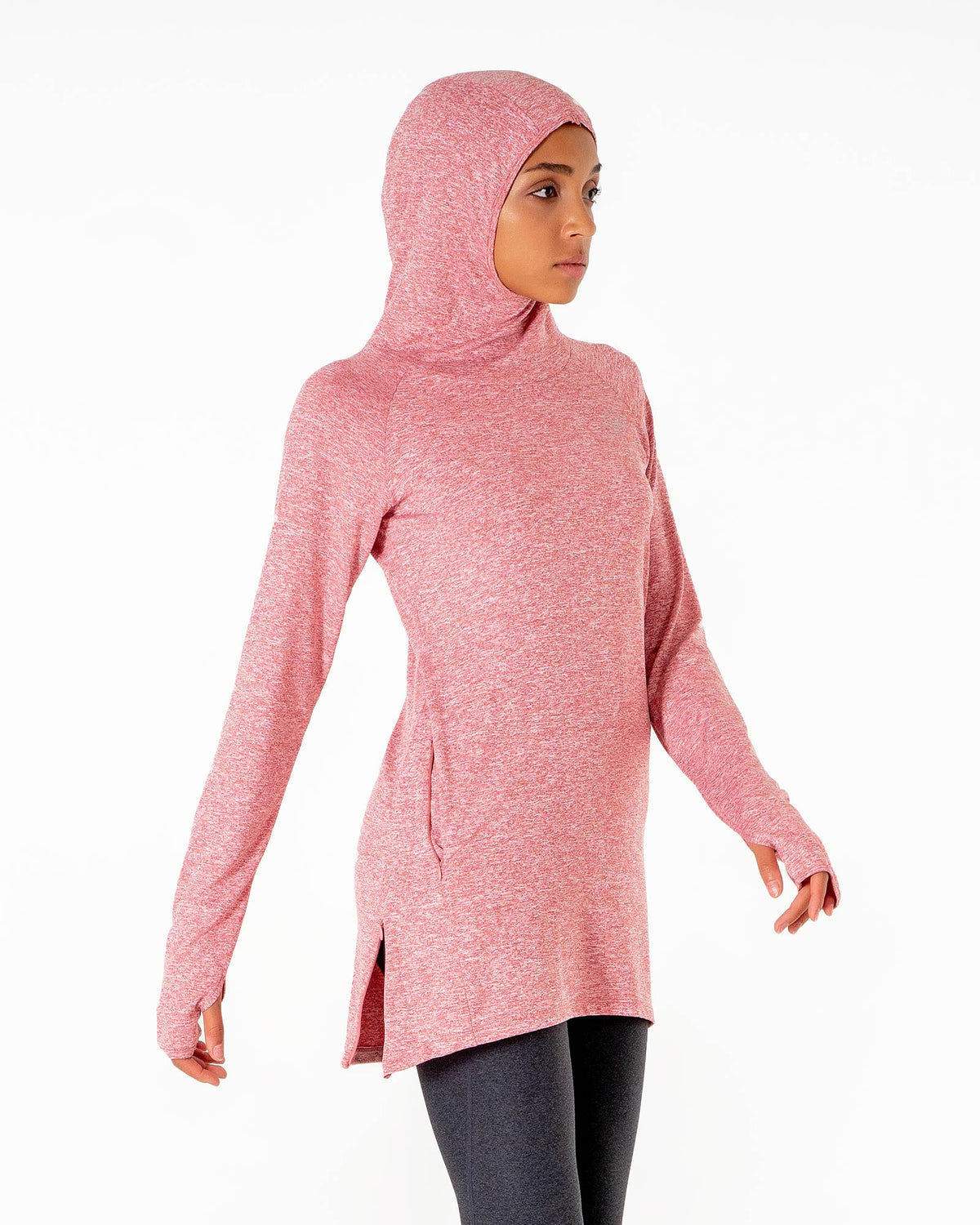 Heathered red Halo Running Hoodie at three quarters, hood up, showing the side slit and the pocket seam.

#color_heathered-red