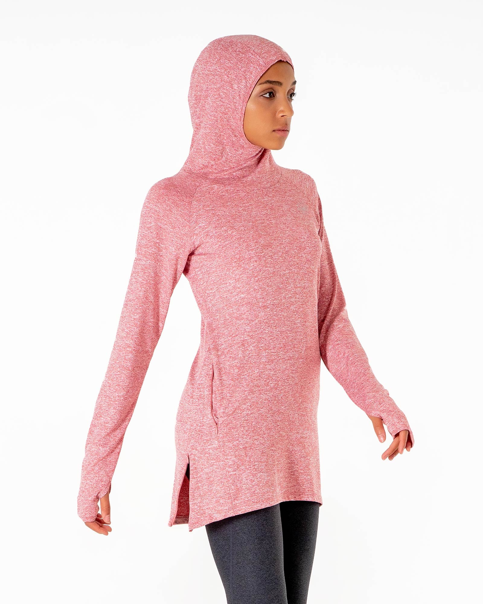Halo Running Hoodie in heathered red by Veil Garments. Modest activewear collection.