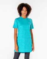 Front of the Connect T-Shirt Dress in Turquoise/Metallic Silver, showing the V-neck and the chest logo.

#color_turquoise-metallic-silver