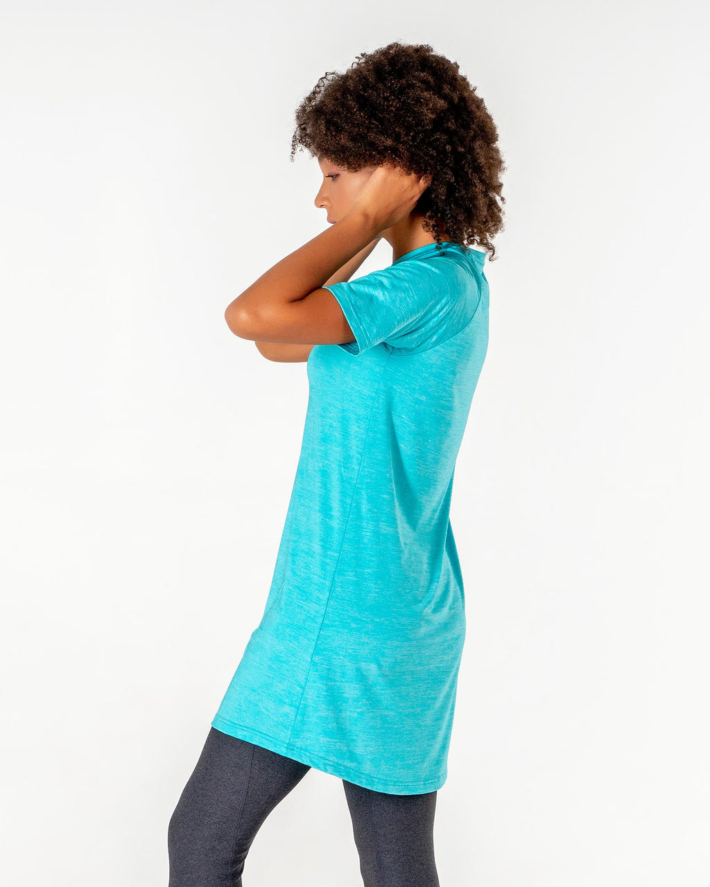 Connect T-Shirt Dress in Turquoise/Metallic Silver from the side, with both arms raised.

#color_turquoise-metallic-silver