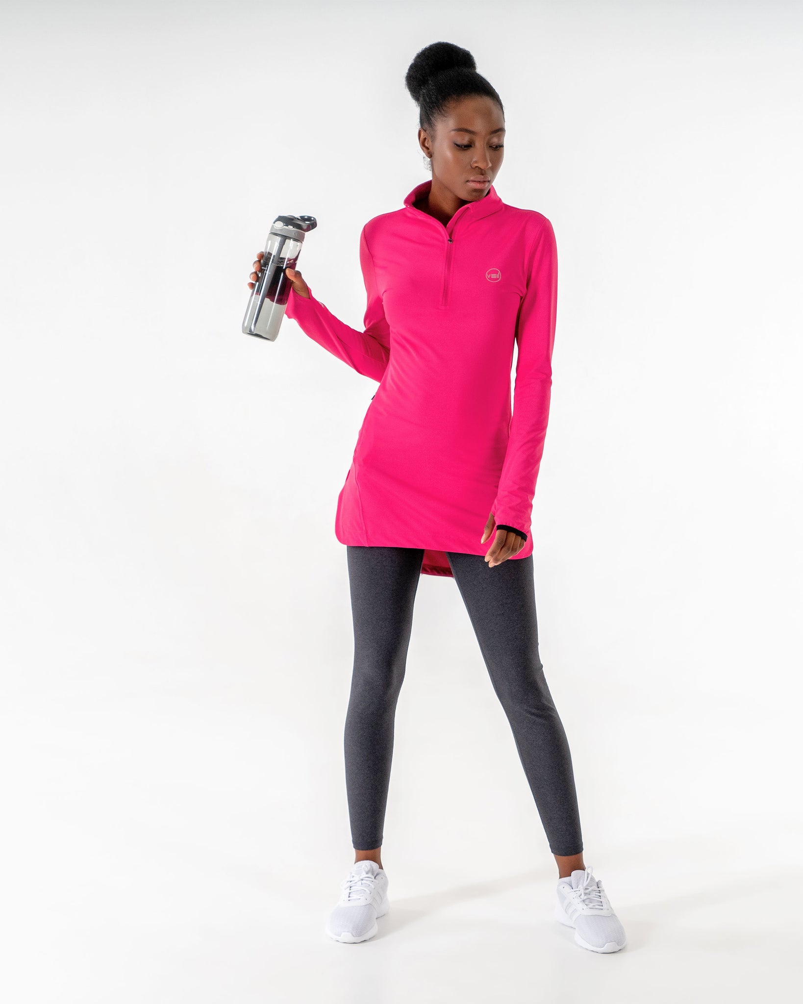 Spark Half-Zip in pink by Veil Garments. Modest activewear collection.