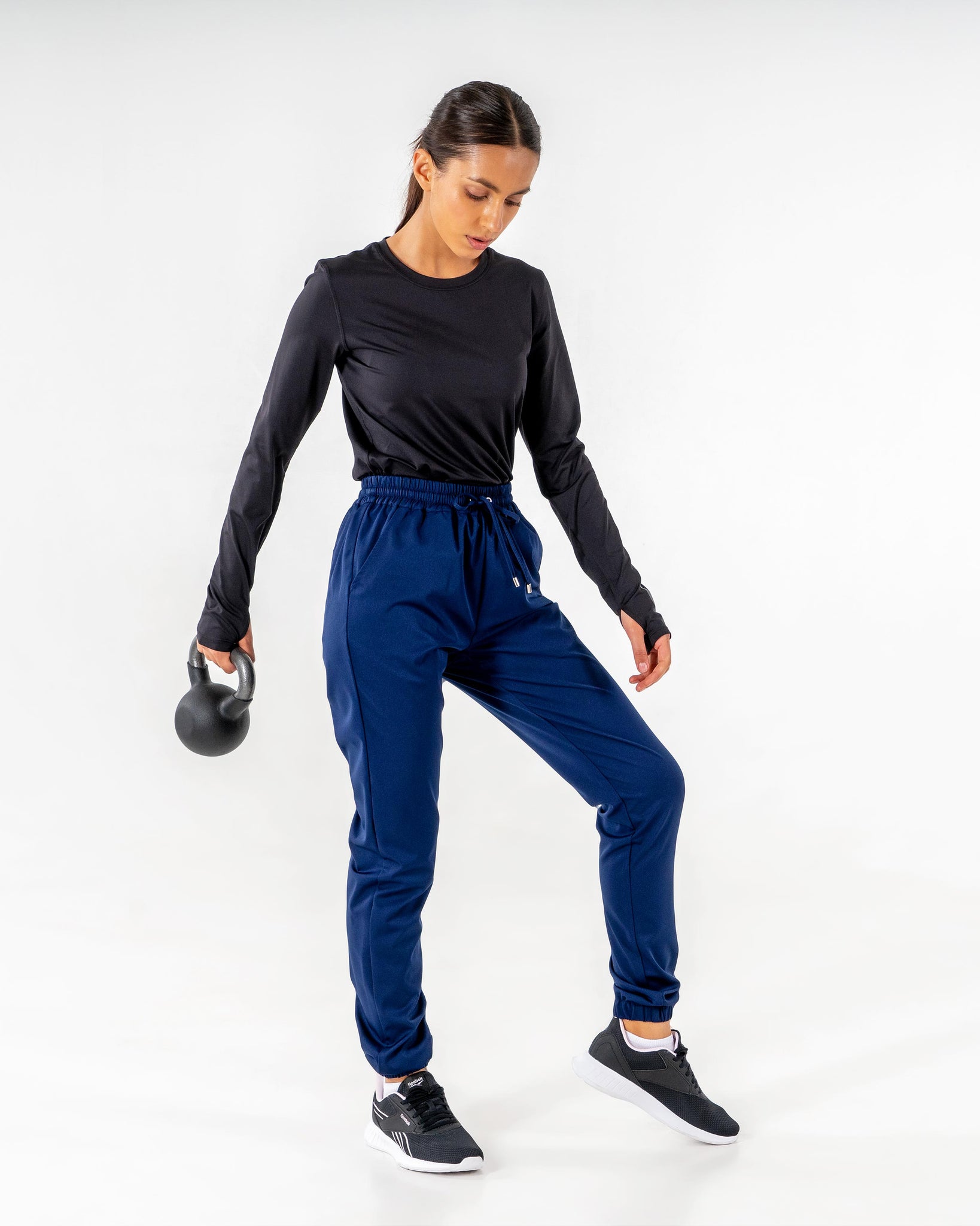 Glider Drawstring Jogger in dark blue by Veil Garments. Modest activewear collection.