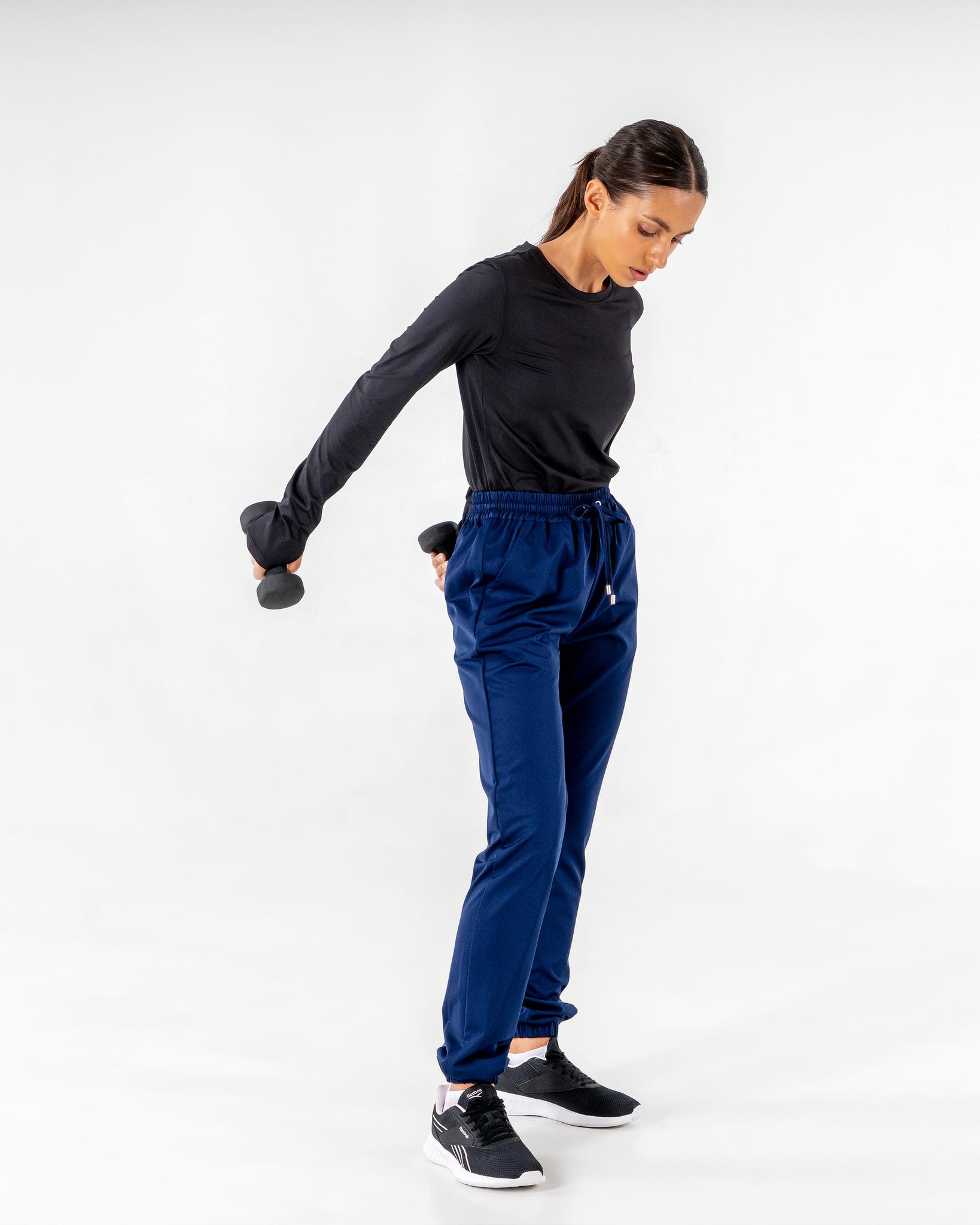 Glider Drawstring Jogger in dark blue by Veil Garments. Modest activewear collection.