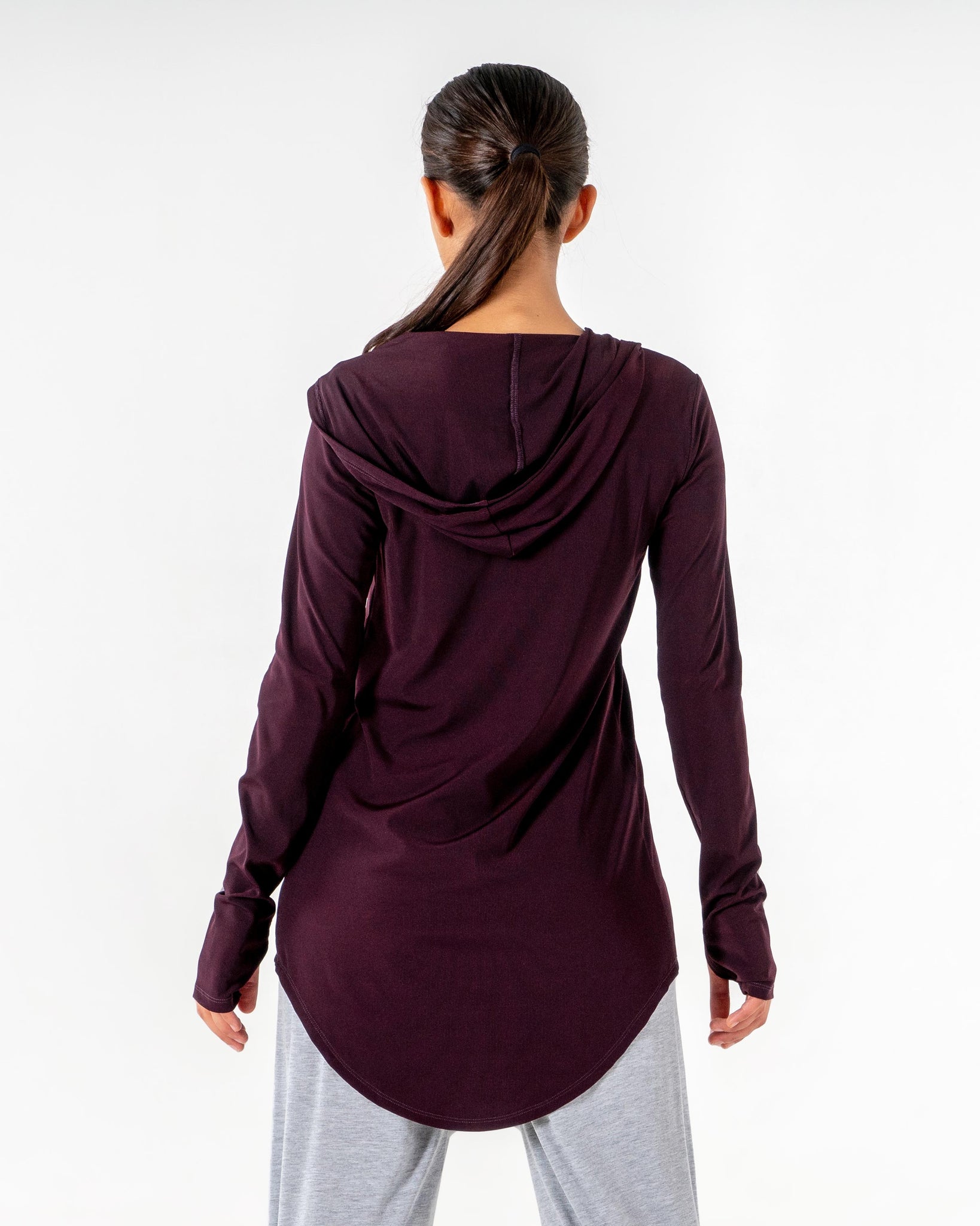 Move It Cardigan in burgundy by Veil Garments. Modest activewear collection.