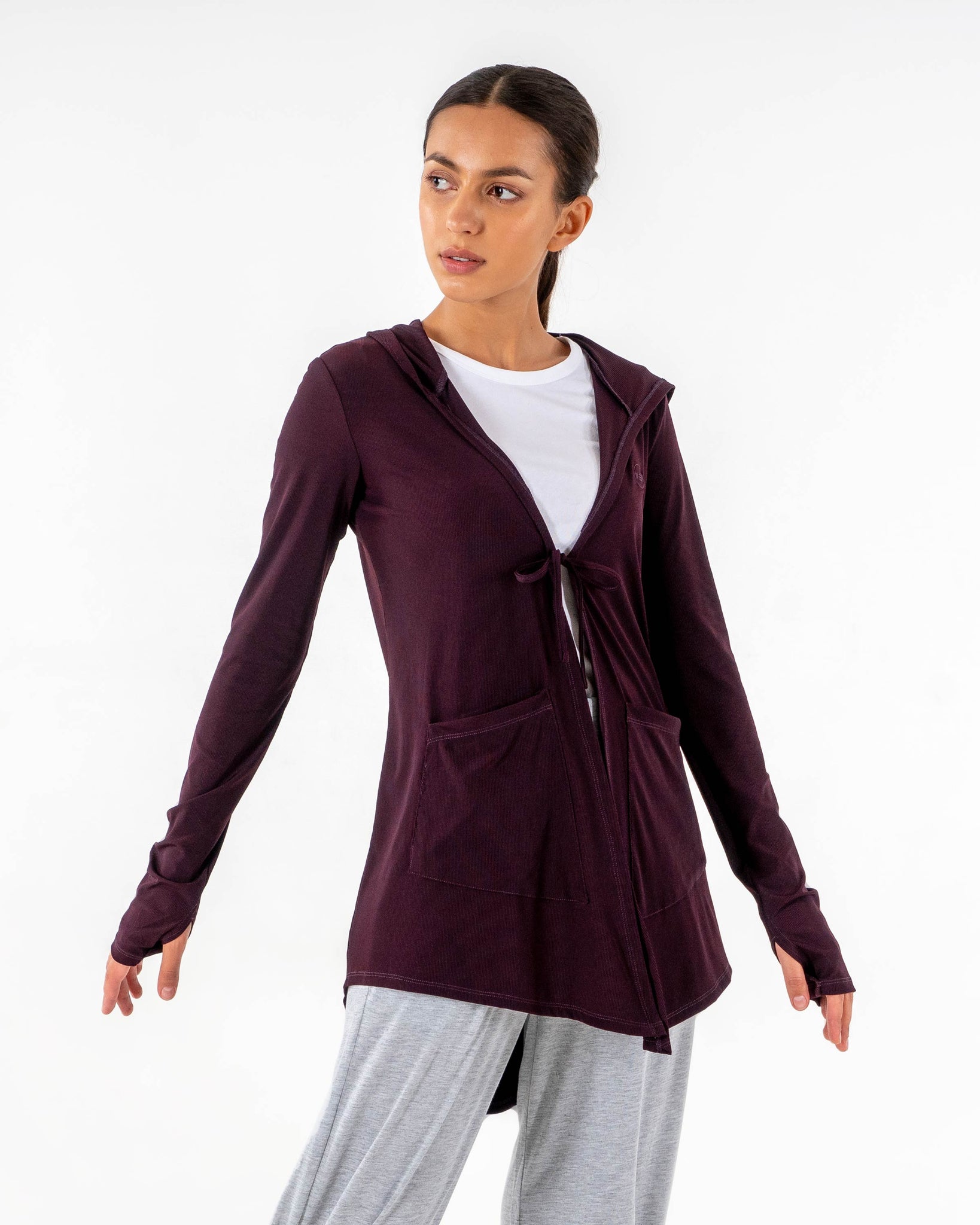 Move It Cardigan in burgundy by Veil Garments. Modest activewear collection.