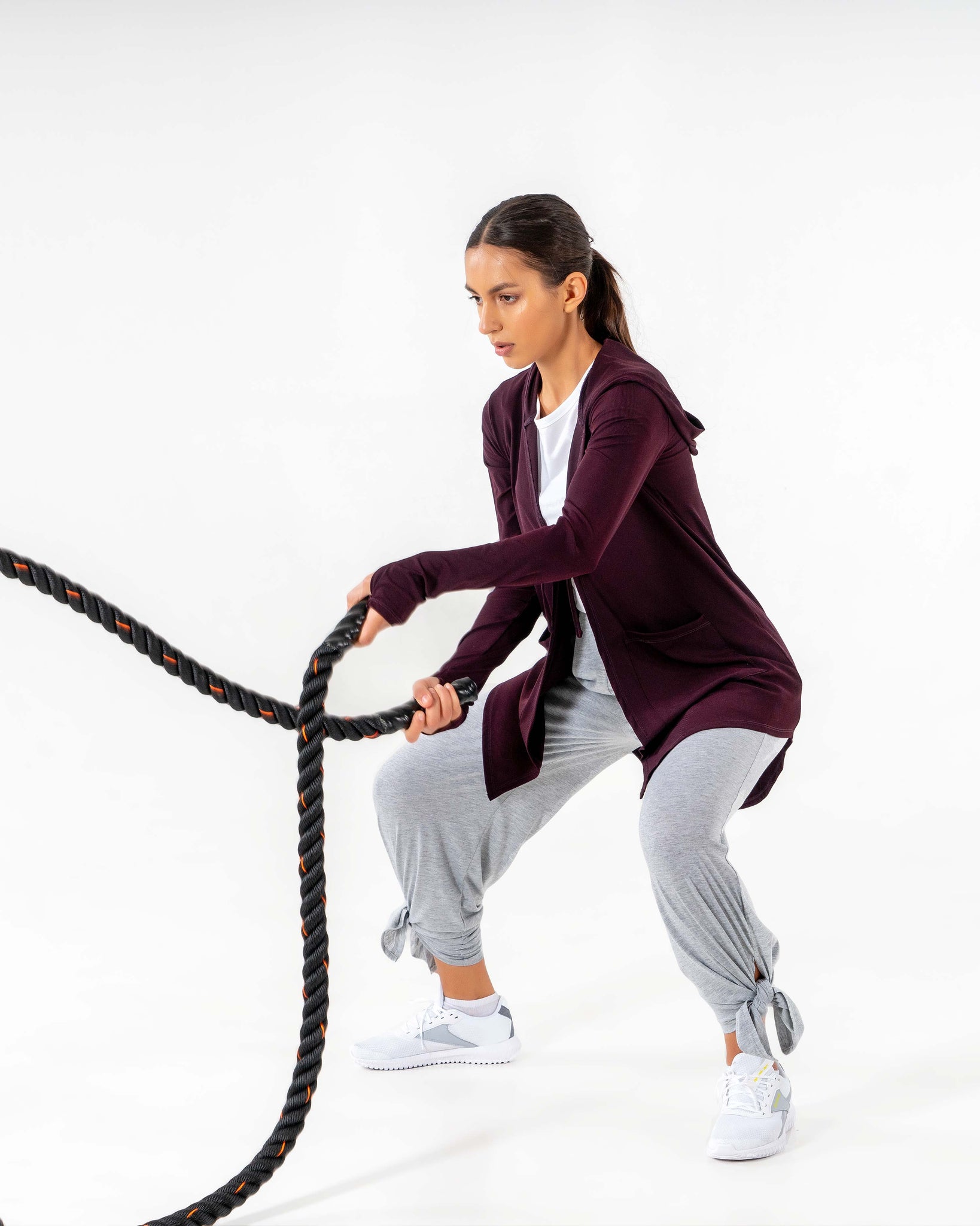 Move It Cardigan in burgundy by Veil Garments. Modest activewear collection.