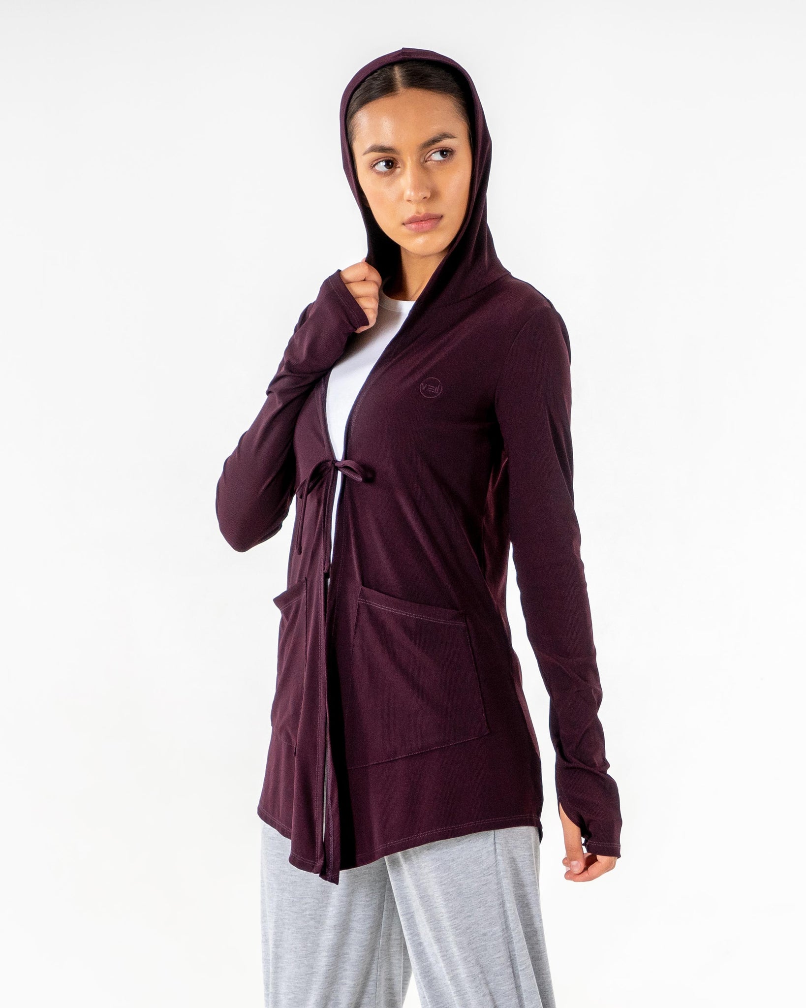 Move It Cardigan in burgundy by Veil Garments. Modest activewear collection.