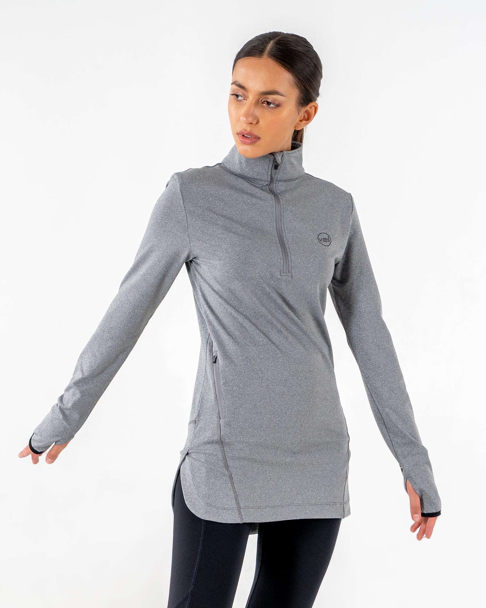 Spark Half-Zip in charcoal grey by Veil Garments. Modest activewear collection.