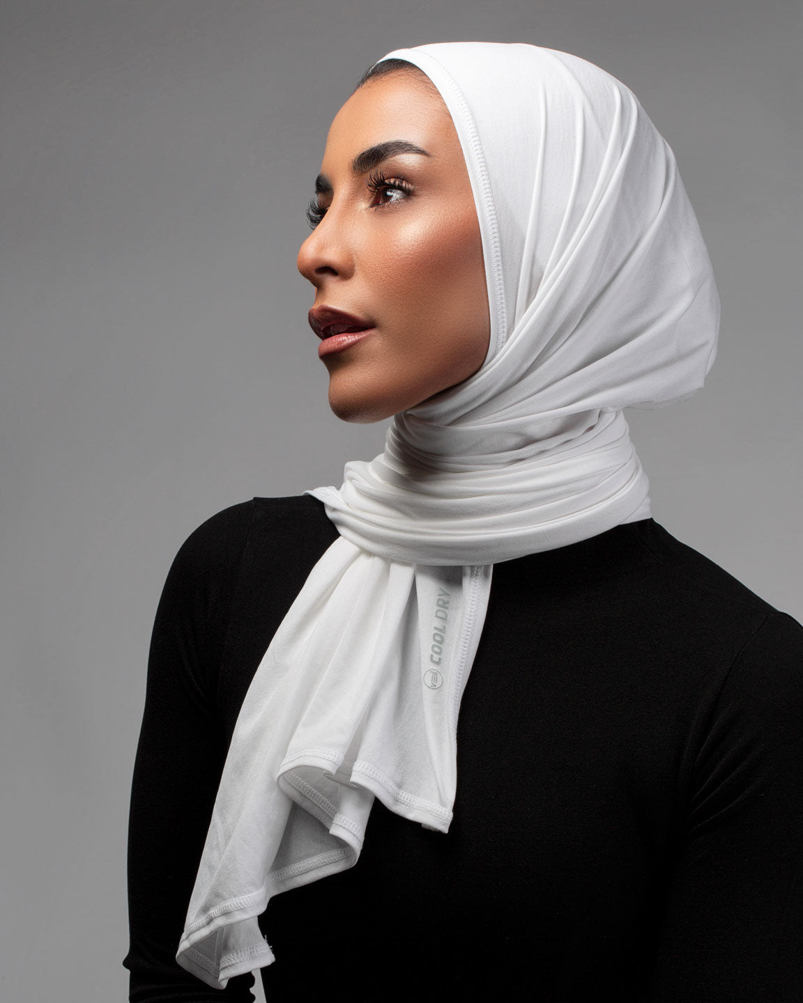 Cool Dry Shawl 2.0 in white by Veil Garments. Sports hijab collection.